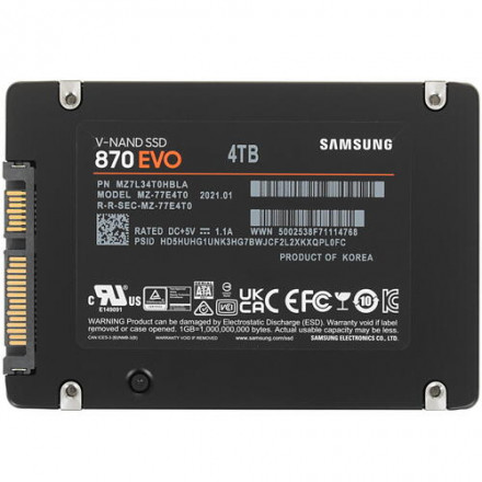 Твердотельный накопитель 4000GB SSD Samsung 870 EVO 2,5&quot; SATA3 R560Mb/s W530MB/s MZ-77E4T0BW
