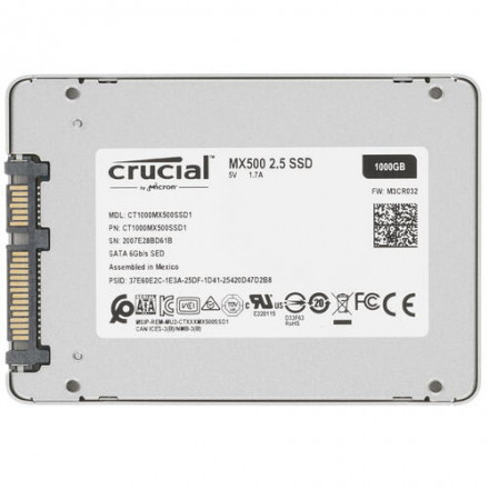 Твердотельный накопитель 1000GB SSD Crucial MX500 2.5” SATA3 R560Mb/s, W510MB/s 7mm Утолщающая рамка для установки в стандартный отсек 2.5&quot; высотой 9м