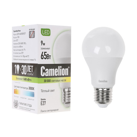 Эл. лампа светодиодная Camelion LED9-A60/830/E27, Тёплый