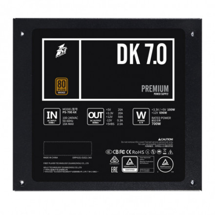 Блок питания ATX 1st Player DK PREMIUM (PS-700AX), 700W, Japanese Capacitor,Full voltage,80+ Bronze