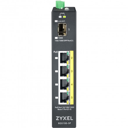Промышленный PoE+ коммутатор Zyxel RGS100-5P, 4xGE PoE+, 1xSFP, крепление на стену/DIN-рейку, IP30, два источника питания DC, бюджет PoE 120 Вт